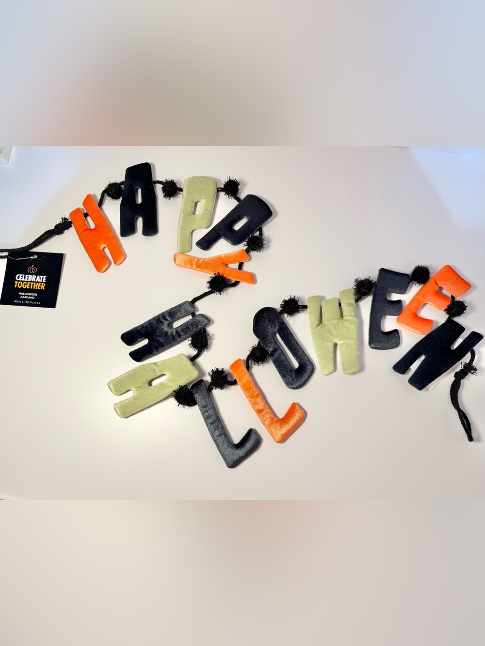Happy Halloween Velvet Letter Garland in Black, Lime and Orange 48” long